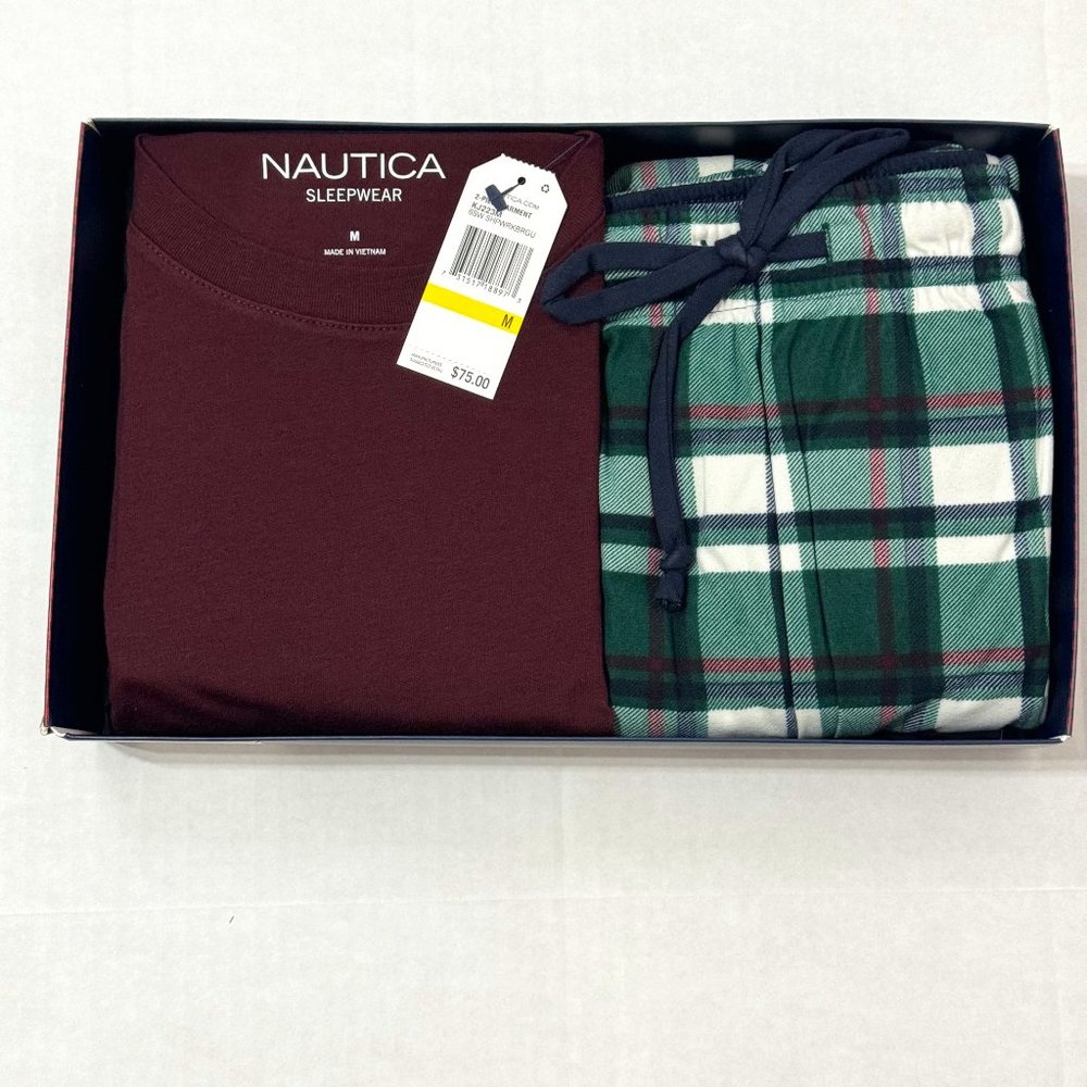Nautica NWB Sz M Men's PJ Set Maroon/Green Multi Crew Neck Cozy Pants